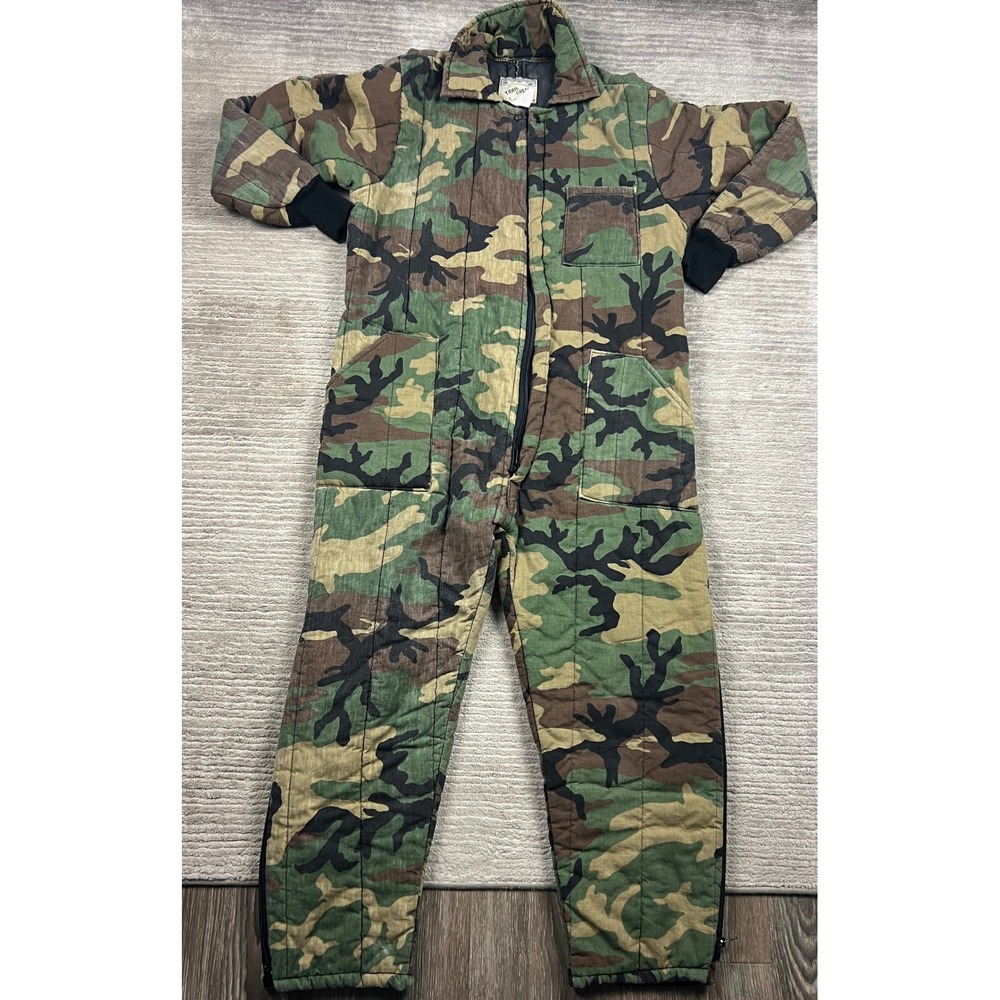 Trail Crest Coveralls Mens Medium Green Woodland Camo Insulated Quilted Made USA